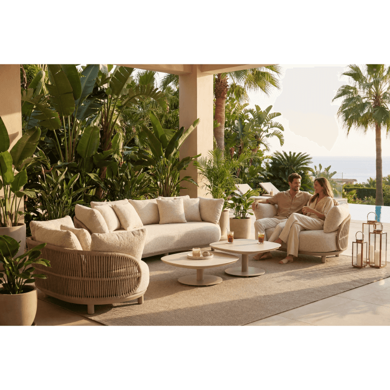 ריהוט חוץ מותגים מובילים בסלון גן יוקרתי עם מערכת ישיבה מודרנית ונוף פתוח