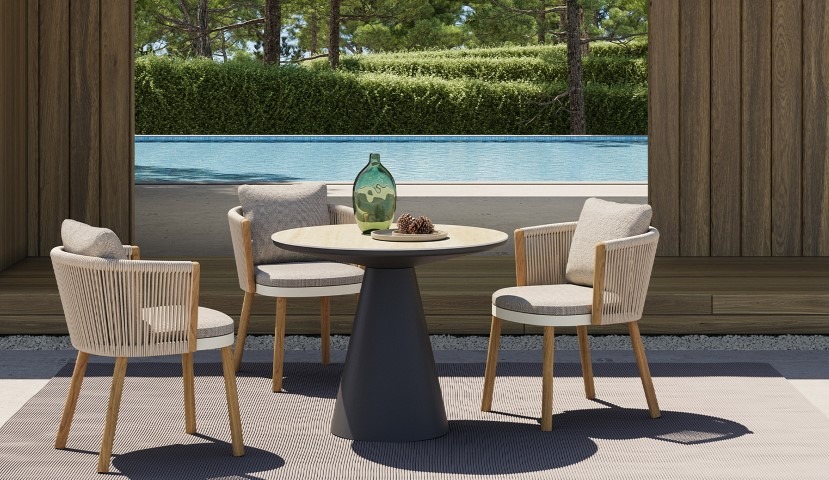 שולחנות אוכל לגינה יוקרתיים עם כיסאות מעוצבים ליד בריכה