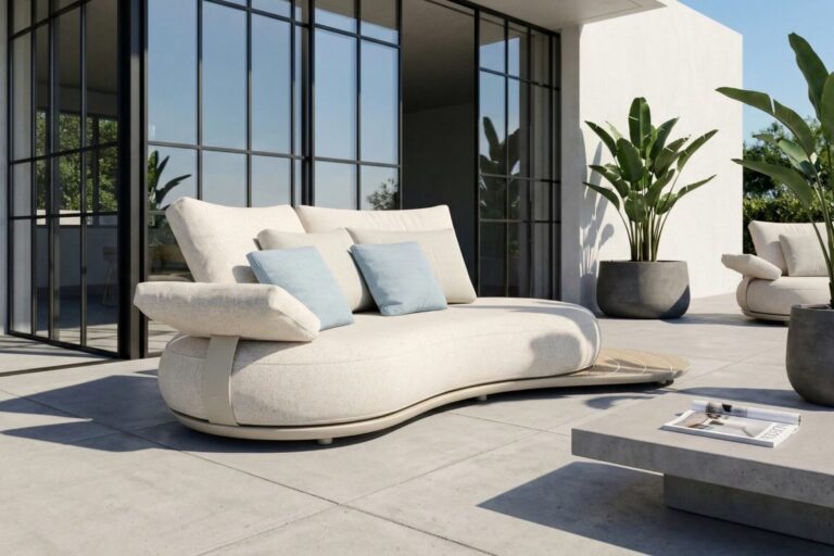 כורסאות חוץ מעוצבות יוקרתיות בגינה מודרנית עם עיצוב מינימליסטי ונוחות גבוהה